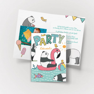 Kinder Einladungskarte mit Panda und Pool Motiv