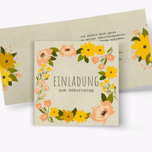 Einladungskarte auf Graspapier mit Blumen-Motiv 