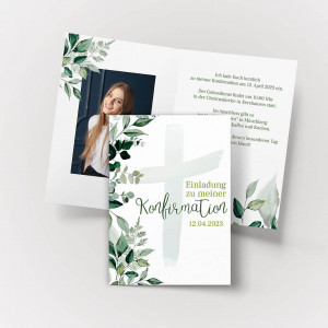 Konfirmation Einladung mit Kreuz und Zweigen Blätter in Grüntöne