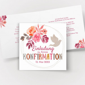 Konfirmationseinladung mit rosa und orangen Blumen, Taube und Rahmen