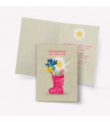 Einladungskarte mit Blumen und Stiefel in Graspapier