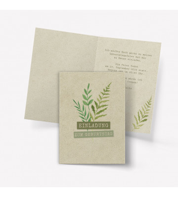Einladungskarte auf Graspapier mit Farnzweigen